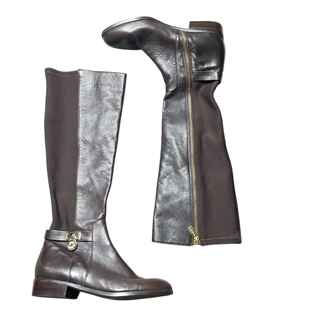 NEW MICHAEL KORS HAMILTON Leather/Stretch Brown Leather Riding Boots Size 5.5M